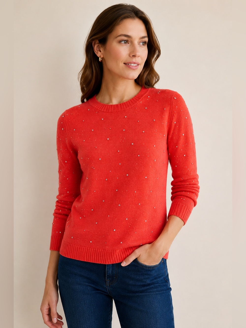L.K. Bennett TK Jade Flamingo Orange Wool Cashmere Beaded Sweater M